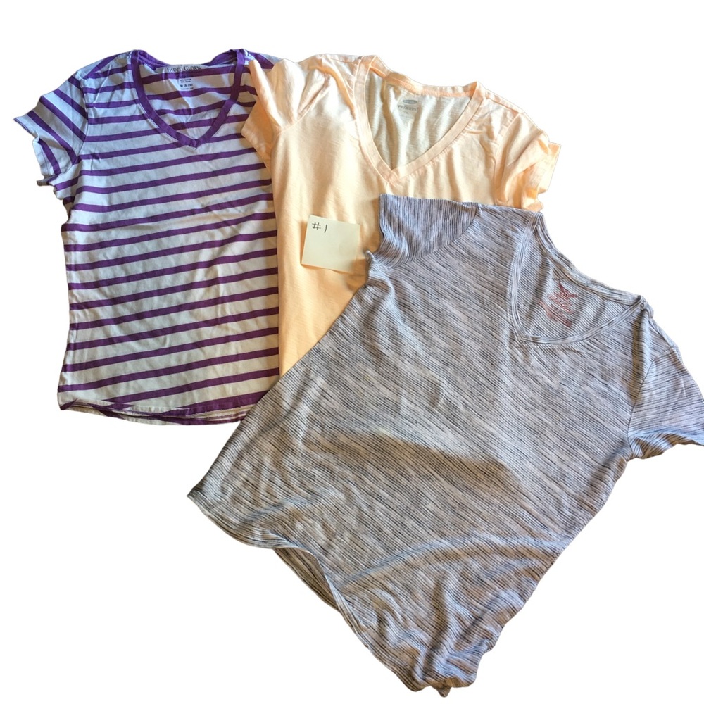 3 V-neck striped short sleeve tee shirts blue purple peach Med EUC